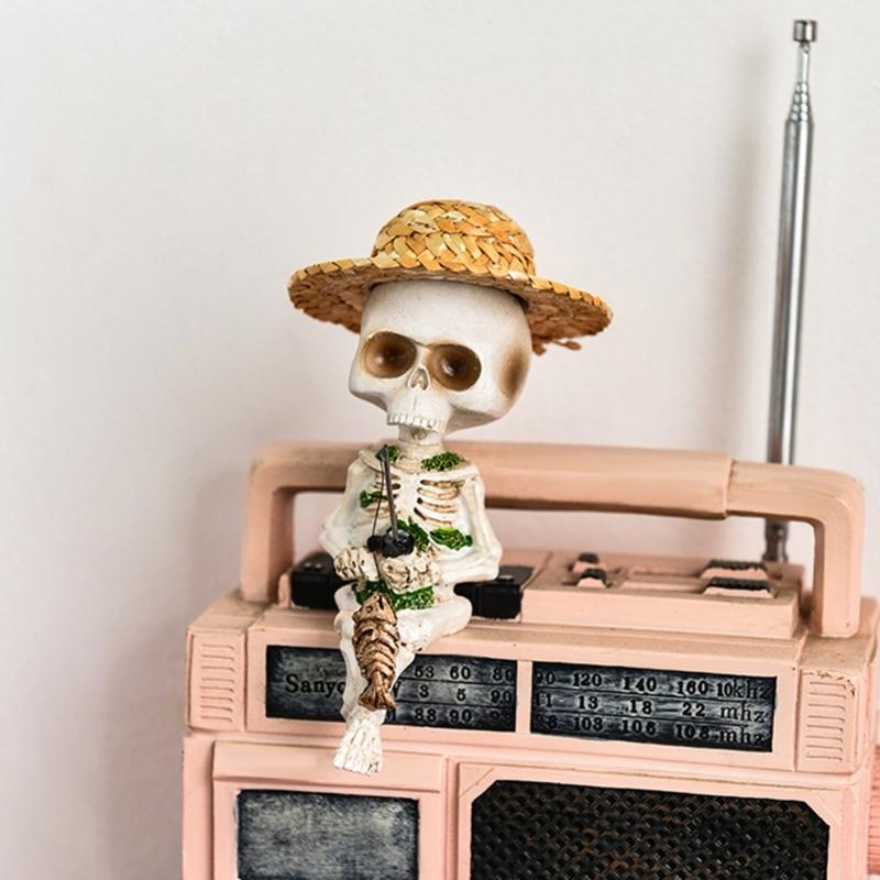 Miniature Resins Skeleton Fishing by Pond Intricate Detailing Figurine Gift for Collectors and Halloween Enthusiasts