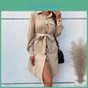 Autumn Winter Women Single Breasted Lace Up Turn Down Collar Solid Color Long Sleeve Shirt Corduroy Dress