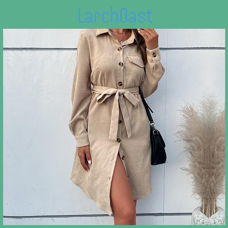 Autumn Winter Women Single Breasted Lace Up Turn Down Collar Solid Color Long Sleeve Shirt Corduroy Dress