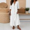 European, American Autumn and Winter Retro Loose Casual Style Long-sleeved V-neck Button Cotton and Linen Blend Long Dress
