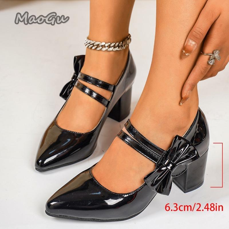 Elegant Women's High Heel Pumps Bowknot Decors Office Ladies Black Mary Jane Shoes Pu Leather Dress Shoes for Women Fashion