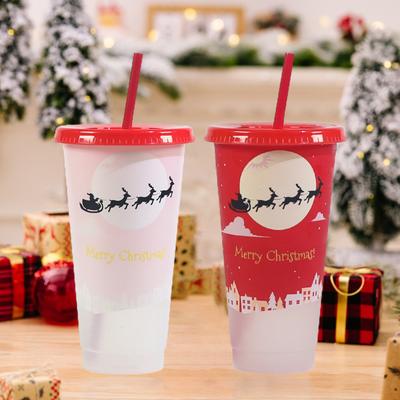 710ml Straw Cup with Lid Single-layer Christmas Magical Color Changing On Cold Cup for Trip