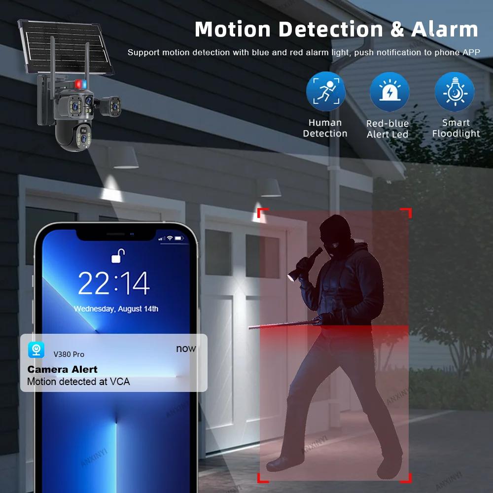 Nová 8MP 4K víceobjektivová 3obrazovková bezdrátová solárně napájená IP PTZ kamera V380 Pro pro venkovní WiFi bezpečnostní dohled 4G SIM karta CCTV kamera