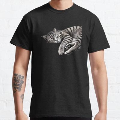 Men Fashion Casual Short Sleeves Sleeping Tabby Cat Art Tops Aesthetic Vintage Oversized T-shirts