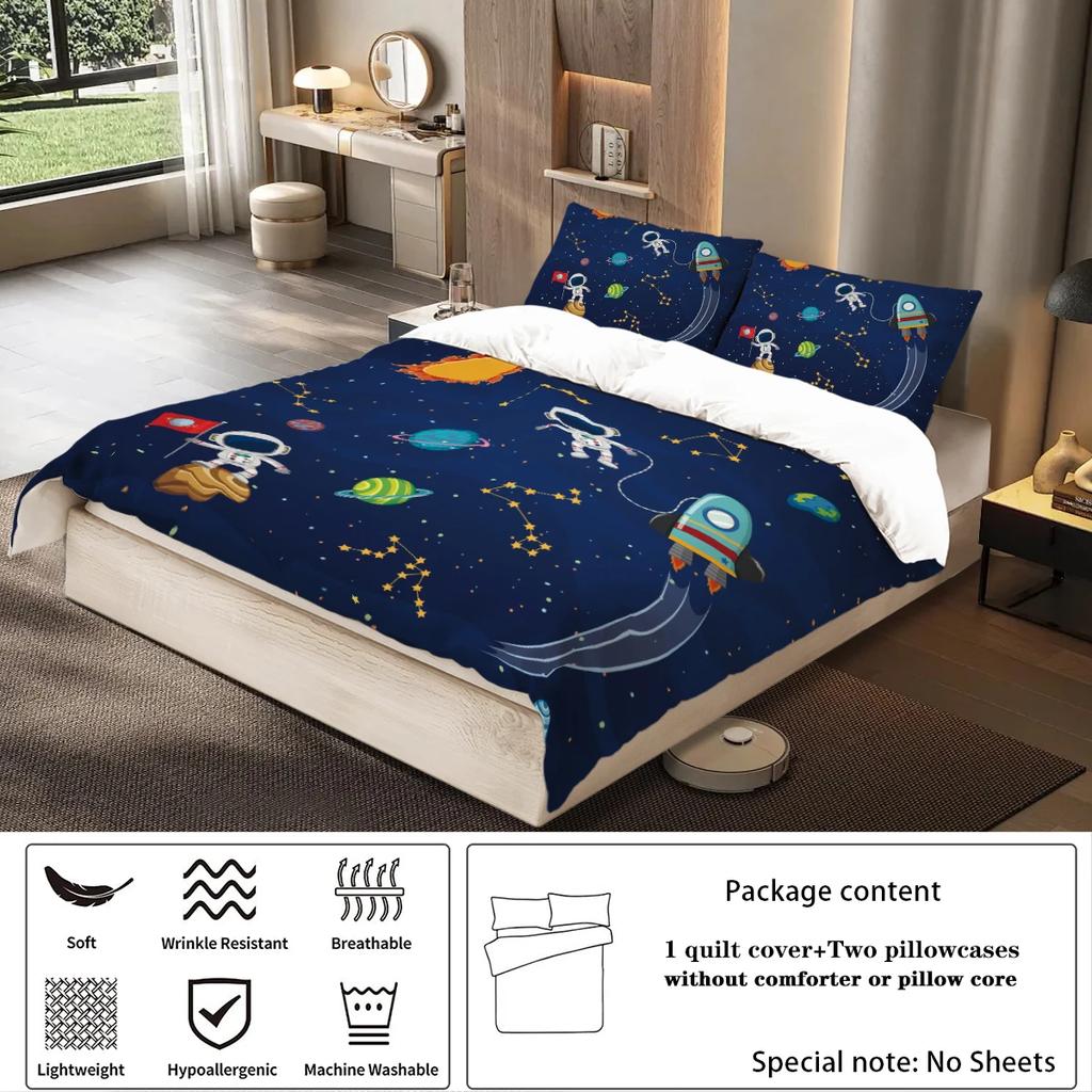 3-Piece Starry Sky Space Planet Astronaut Pattern Print (1 Duvet Cover+2 Pillowcases No Core) Comfortable Bedding Set