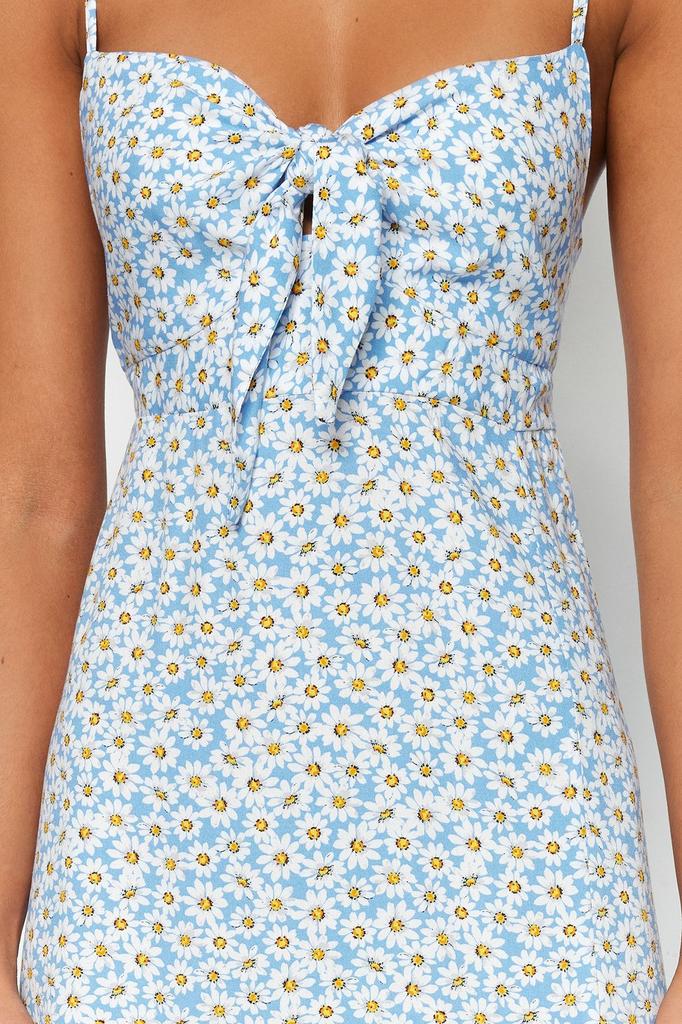 Women's Fashion Blue Floral Patterned Straight Cut Woven Dress with Tie Detail and Straps