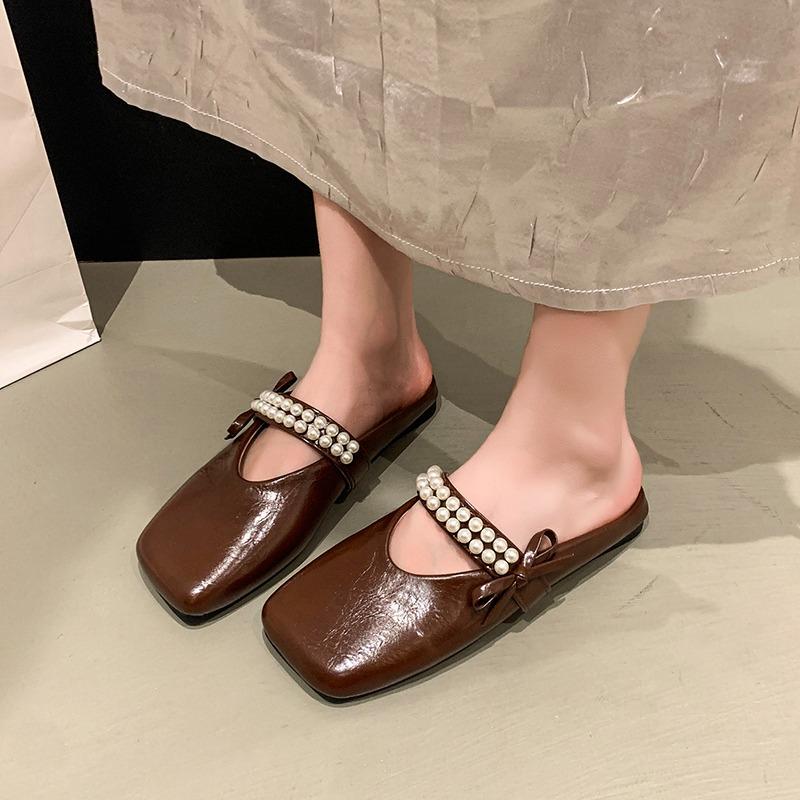 Fashion Baotou Semi-slippers Women Spring and Summer Wear New Square Toe Shallow Mouth Pearl Bow Soft Bottom Non-slip Cool Mop