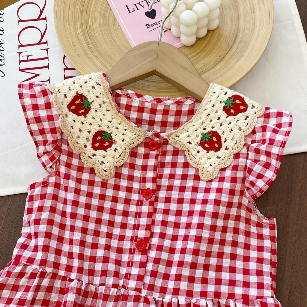 Mädchen Freizeitkleid Erdbeer-Häkelkragen Karomuster Flatterärmelkleid Niedliche Outfits Mädchen Vestidos