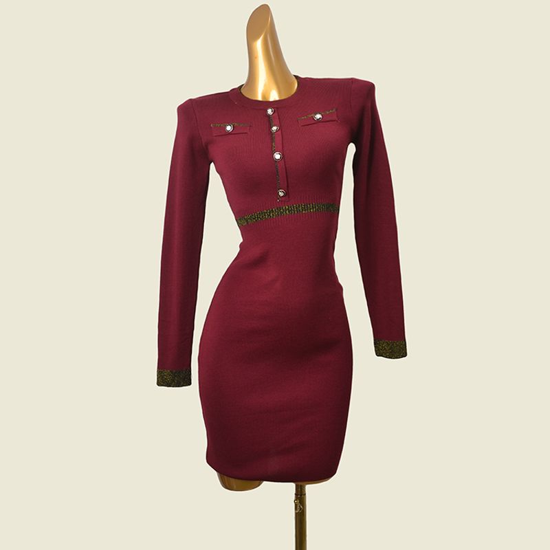 

Color Matching Ladies Long Sleeves Bodycon Dress Fashion Wind Early Autumn New Arrival Silm Chest Showing Classic Style Knitting Dress Burgundy One size
