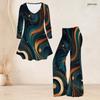 Women Plus Size V Neck Three Quarter Sleeve Printed Flared Top And Flared Pants Two Piece Set