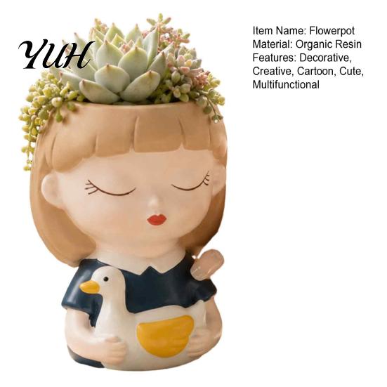 Decorative Resin Desktop Accessory Cute Head Planter, Succulent Little Girl Flower Pot, Human Flowerpot for Plants Face Cactus Container, Bonsai