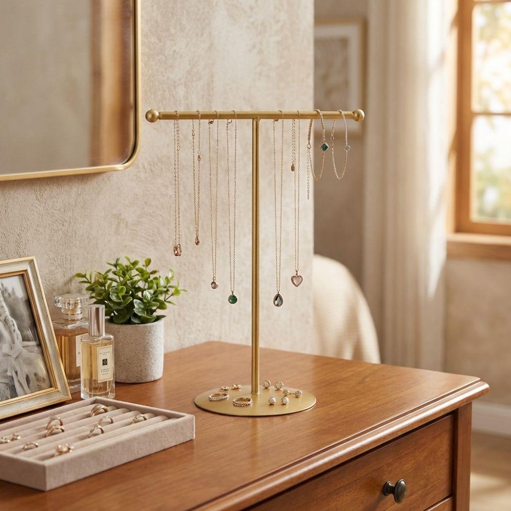 Horizontal Bar T-Shaped Stand Metal Frame Jewelry Storage Rack Necklace Holder  Window Showcase