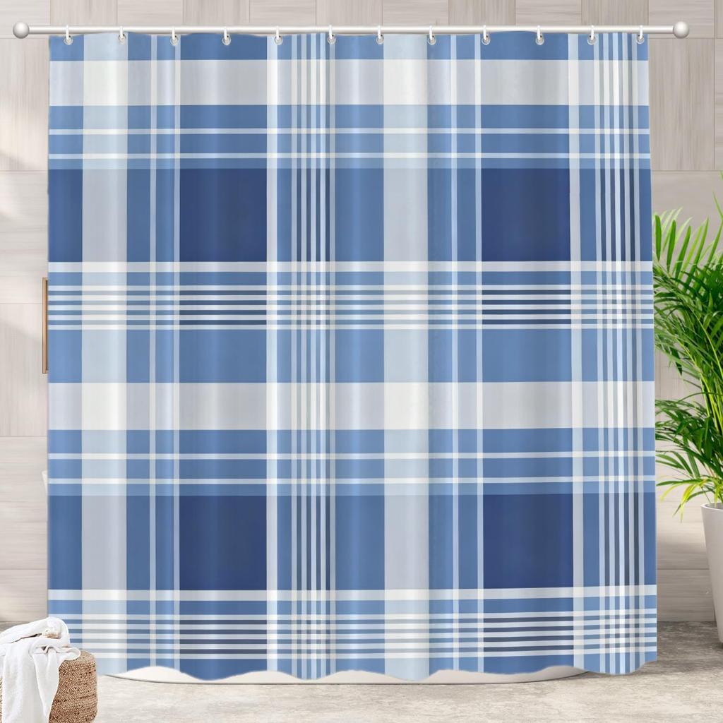 Blue and White Plaid Checkered Pattern Waterproof Shower Curtain 180x200cm Classic Tartan Style Bath Curtain Rustic Home Decor