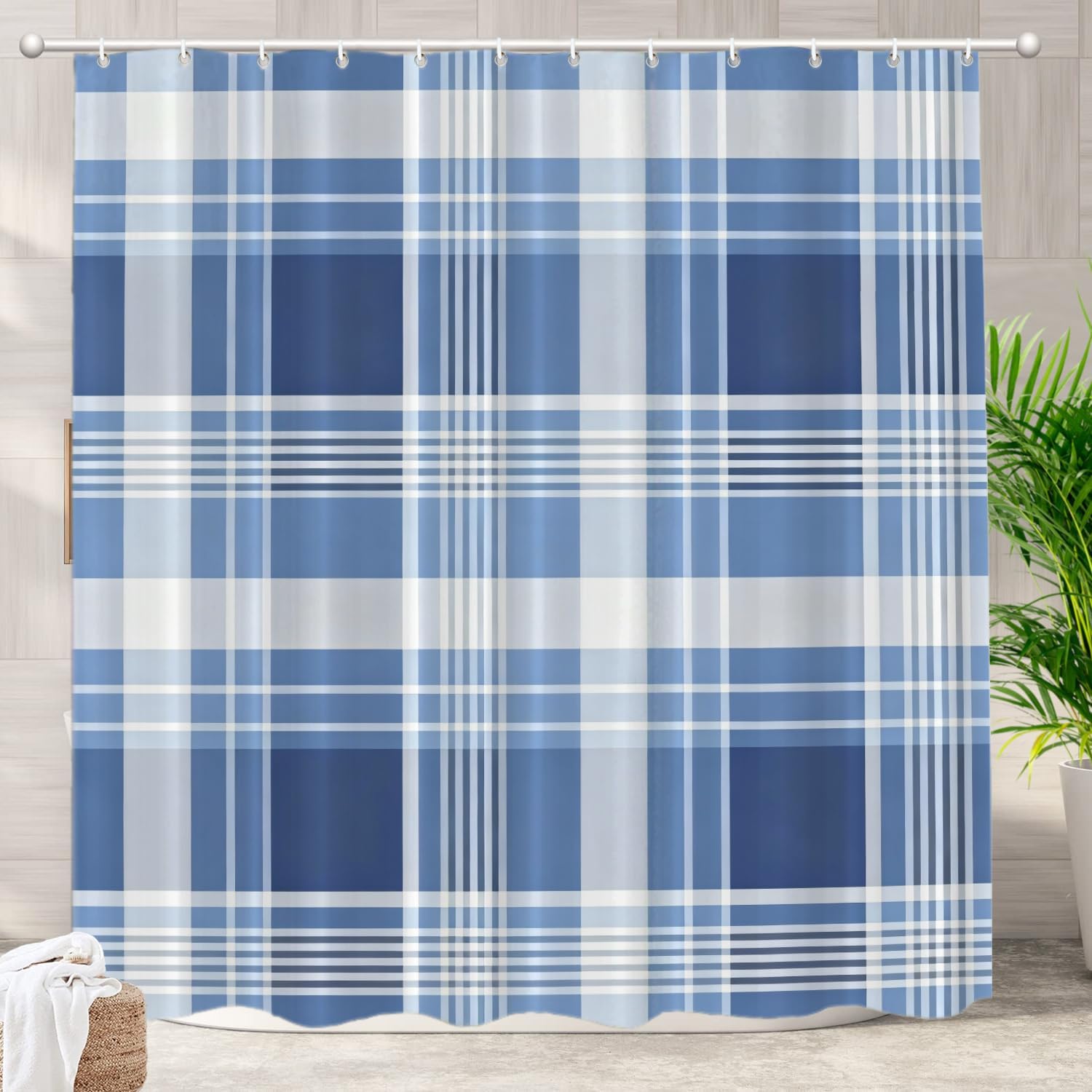 

Blue And White Plaid Checkered Pattern Waterproof Shower Curtain 180X200Cm Classic Tartan Style Bath Curtain Rustic Home Decor W60H190(CM)-1 Pcs