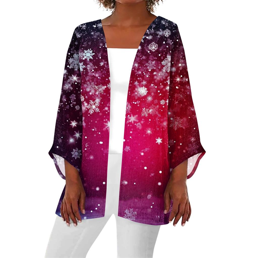 Women's Casual Fashion Caot Christmas Printed Lightweight Medium Length Jacket Cardigan