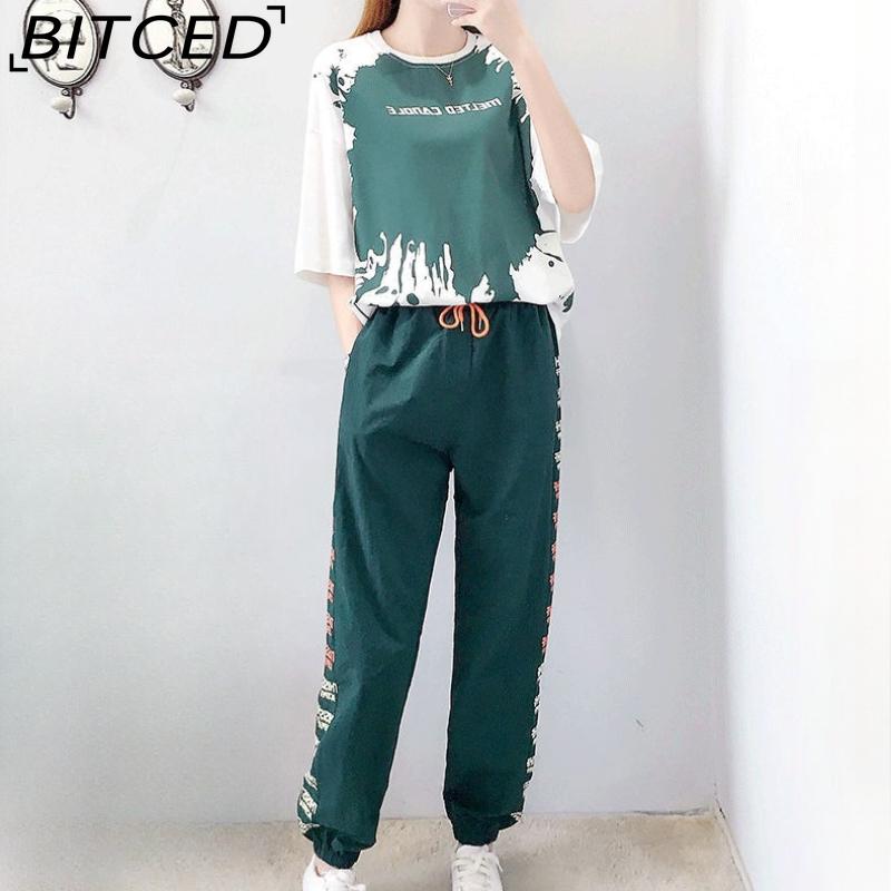 

BITCED Повседневный спортивный комплект для женщин, свободные летние брюки-харен, длинные, короткие рукава, студенческий комплект из двух предметов XXXL зелёный