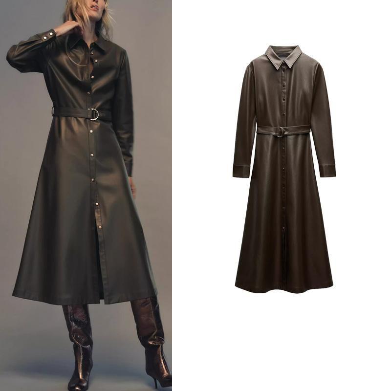 Fall and Winter New Women's Clothing Single-Breasted Faux Leather Shirt with Belt Lapel Long Sleeves Dress 8741283