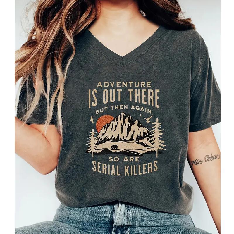 Fashion Mountain Range Painting Blouses Short Sleeved V-Neck T Shirts Casual