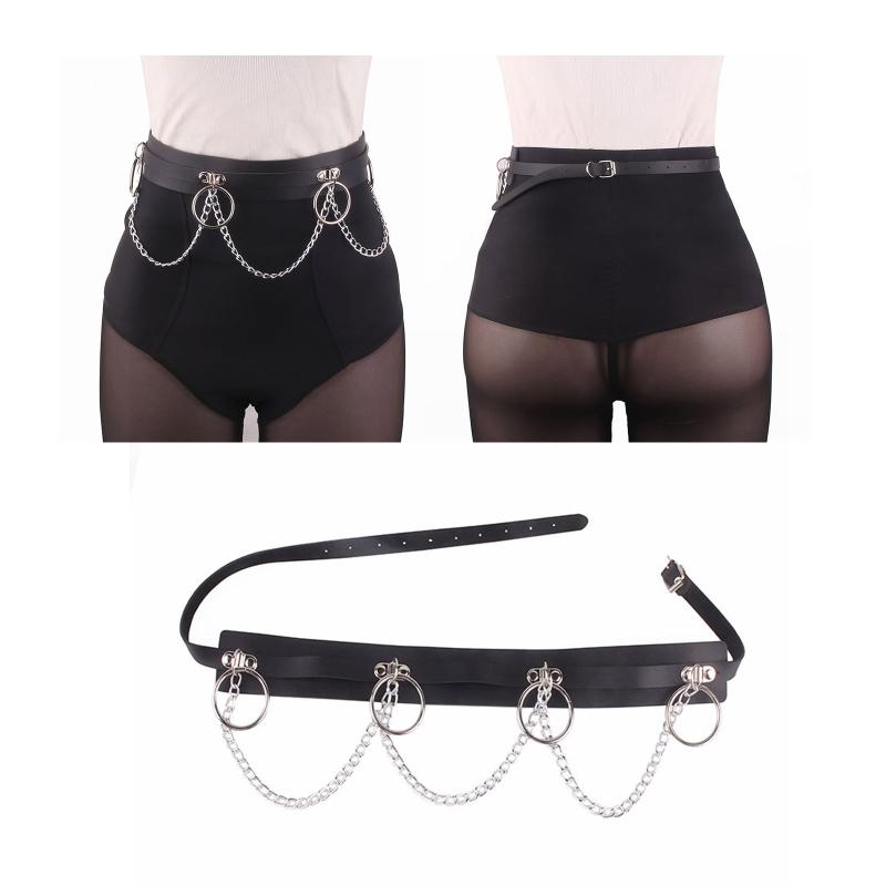 Gothic Waist Chain Alloy and PU Leather Body Chains with Rounded Circle Decor Body Straps Accessories for Women and Girl