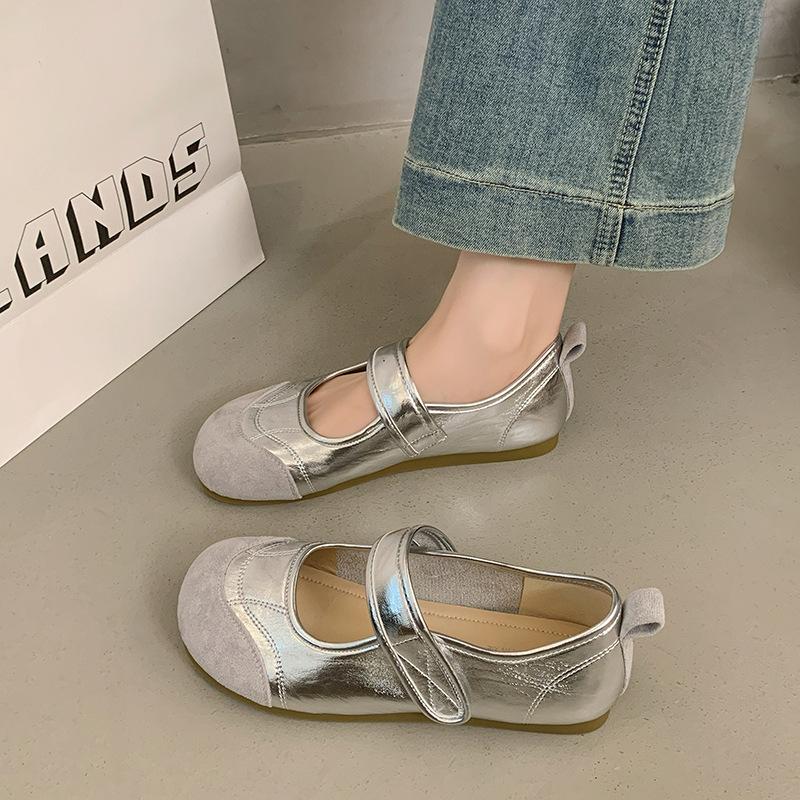 Flat silver single shoes women's summer new with skirt Velcro Mary Jane shoes Doudou shoes