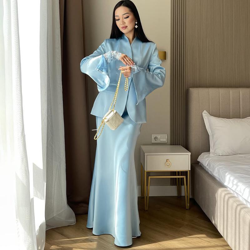 European-Size Women's Satin Suit Set: Long Sleeve, Waist-Hugging with Hip-Wrapping Skirt