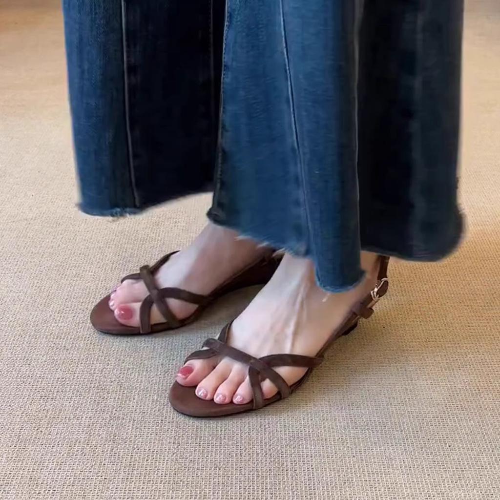 Sheepskin Version~ Retro Round Head Hollow Niche Design Open-toed Sandals Women's Soft-soled Commuter Wedge Heel Roman Sandals