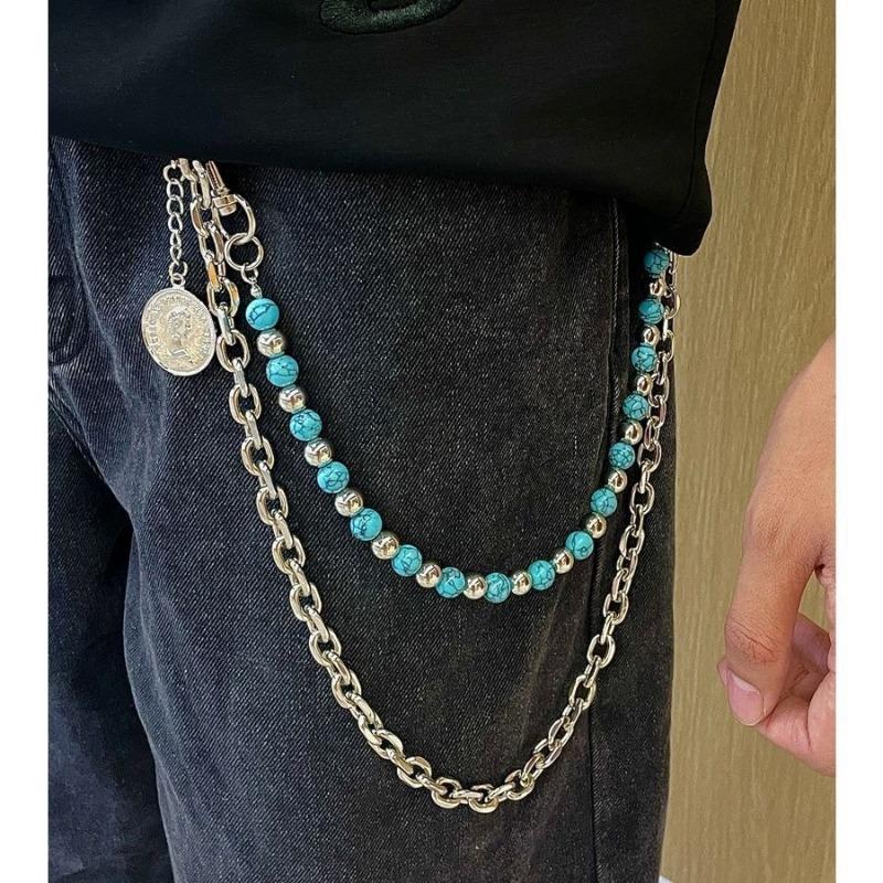 Multi-element trouser chain, bag hanging chain, sword round bead cross waist chain, lobster buckle pendant jeans chain