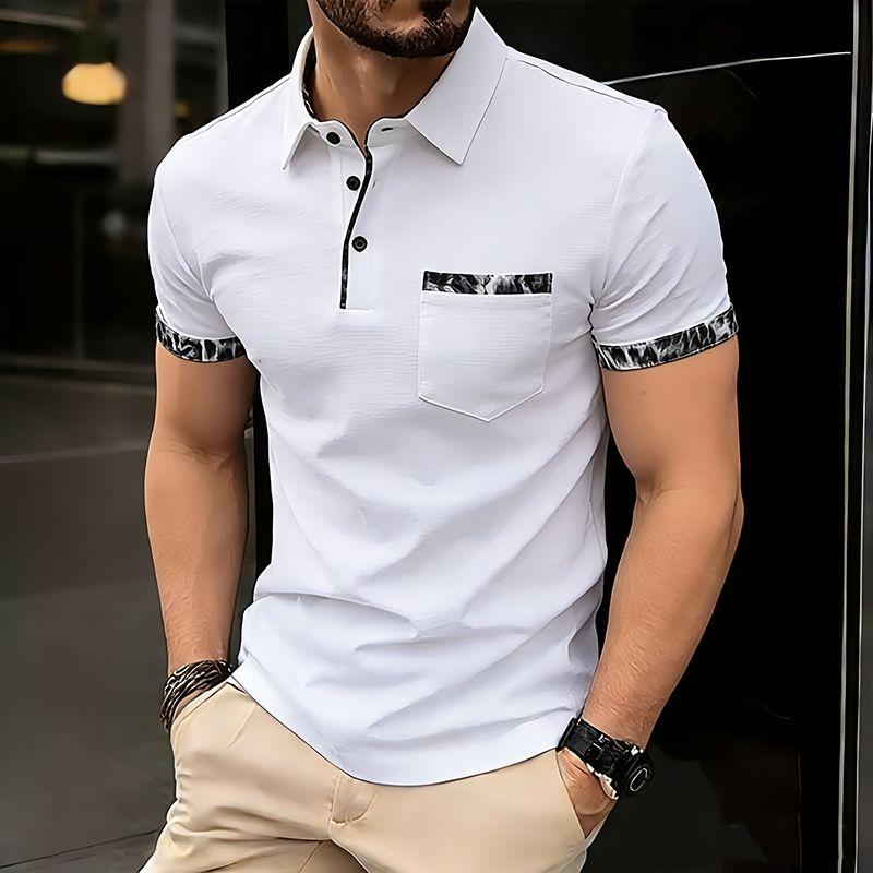 Summer Men's Solid Pocket Splicing Polo Shirts Short Sleeve Breathable Casual Contrast Color Lapel Collar Streetwear Basic Tops