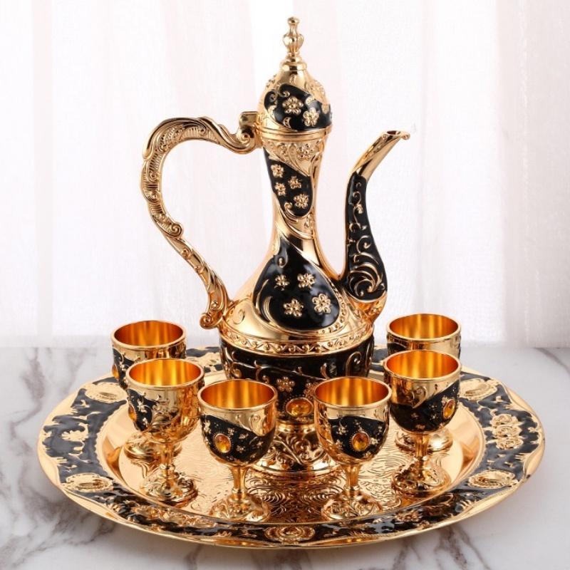 Wine Set, Alloy Home Wine Pot Glass Set, European Exquisite Vintage Wine Glass, Creative Desktop Living Room Decoration,1Set