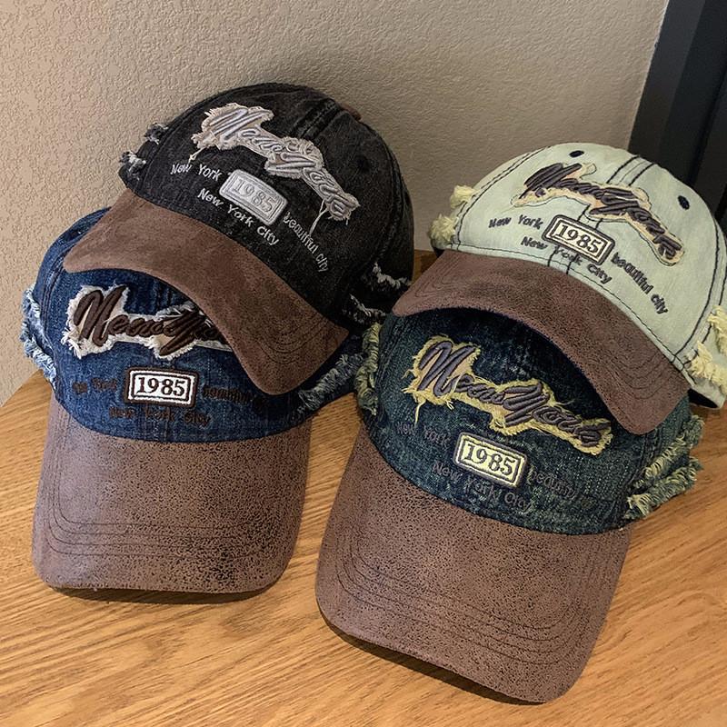Distressed Fashionable Denim Baseball Hat For Adults With Embroidered Design