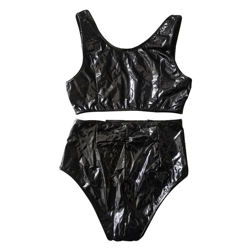 Moon's new sexy patent leather split strap sex set two-piece set
