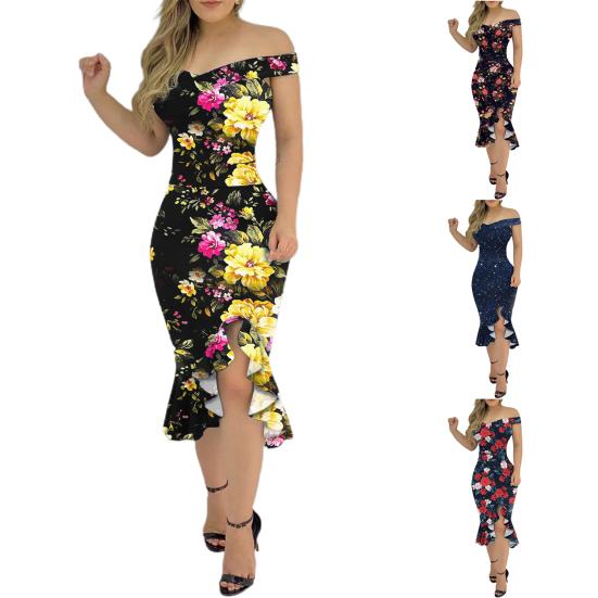 Formal Dress Off Shoulder Irregular Sleeveless Non-positioning Print Bodycon Dress for Wedding