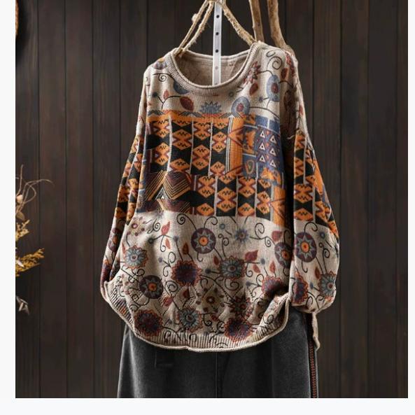 Winter Retro Color Cotton Knit Sweater Women's Loose Large Board Personality Casual Round Neck Pullover
