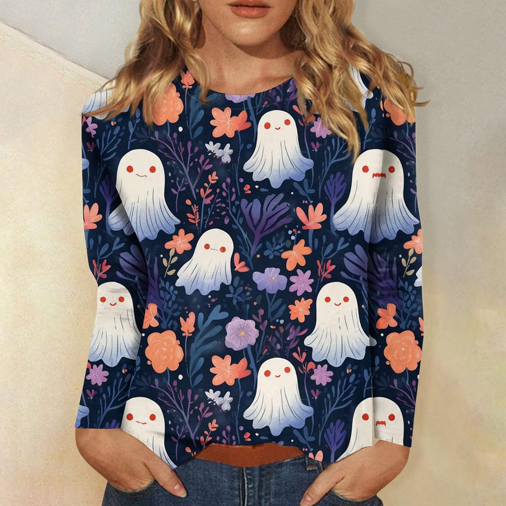 Women's Long-sleeved Loose-necked Halloween Print Casual Top, Suitable for Holiday Parties