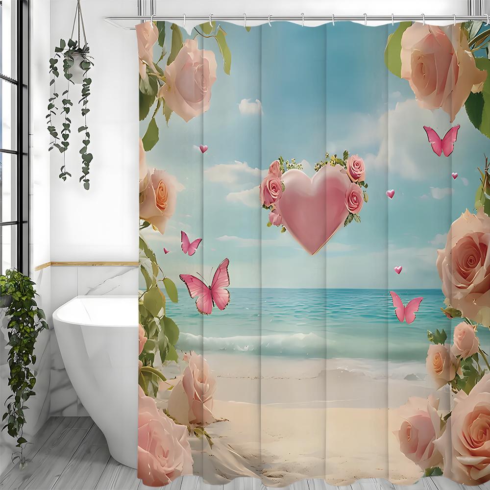 Mother's Day Ocean Rose Floral Butterfly Heart Pink Shower Curtain, Bathroom Decorative Shower Curtain, Waterproof Shower Curtai