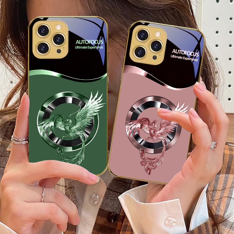 Schöner Pinker Phönix Für IPhone 16 16Pro Max 15 P ro 14 13 Plus 12 Mini 11Pro Max XS Max XR Goldene gehärtete Glas Handyhülle