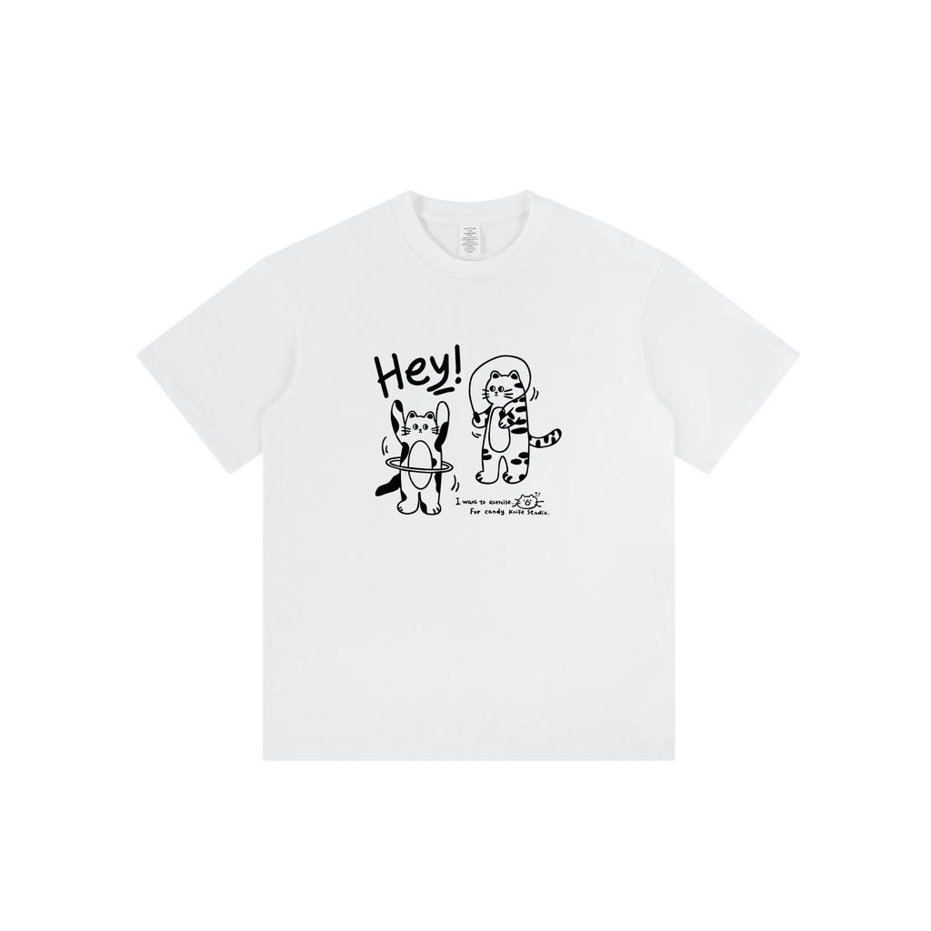 Unisex Summer Trend Cat Print Cotton Tee, Drop Shoulder, Loose Fit