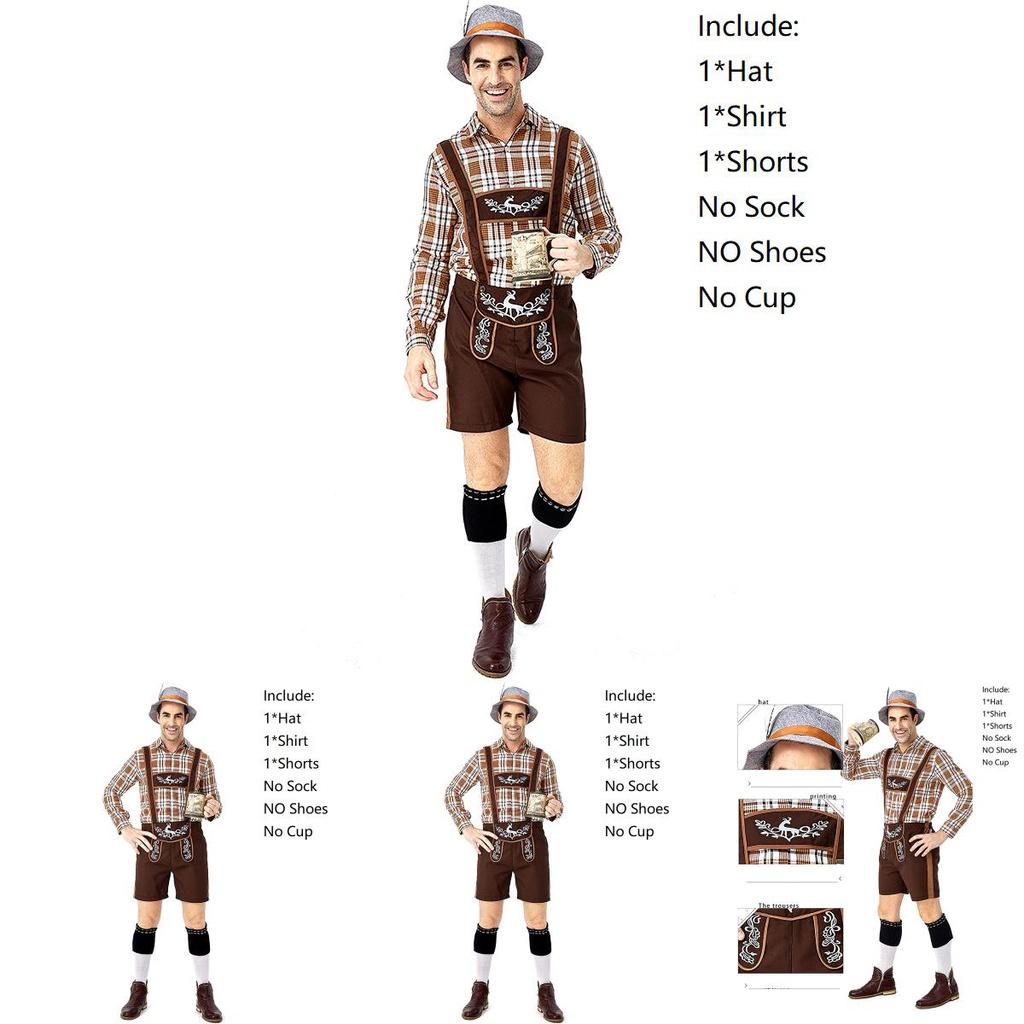 Stylish German Oktoberfest Clothing Men Fawn Print Khaki Plaid Costume Set