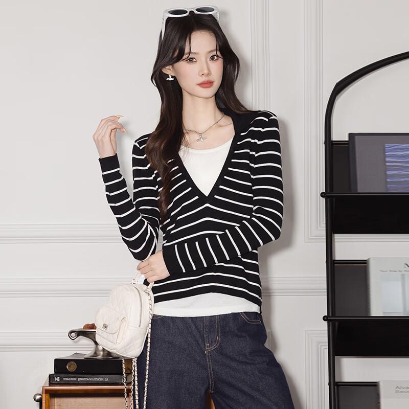 Women's Faux Two-Piece Striped Patchwork Knit Sweater