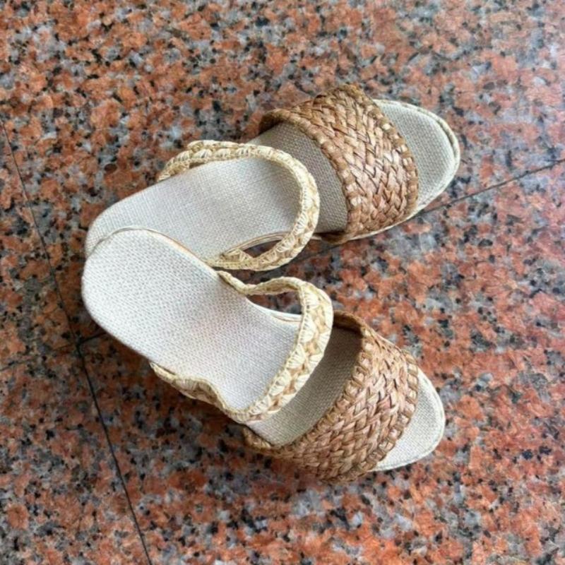 Straw Sole Wedge Slippers Summer New Round Toe Open Toe Woven Platform Anti-slip Wear-resistant Platform Shoes