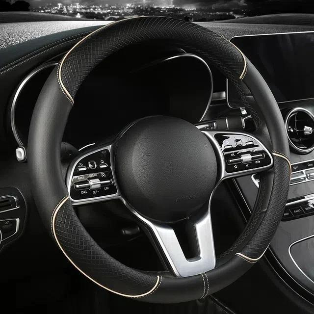 Full Leather Stitching Line Car Steering Wheel Cover, Three-dimensional Anti Slip, Timple and Fashionable.Four Season Universal