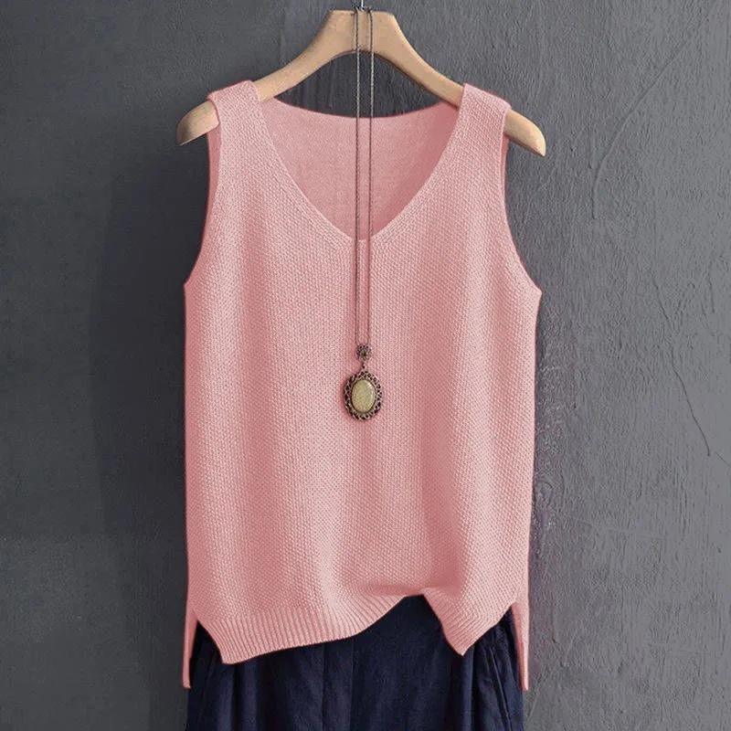 Fashion Large Size Ice Silk Suspender Vest Women's V Neck Knitted Bottoming Shirt Sleeveless Top Elegant Solid Color Loose Casual Simple Shirts