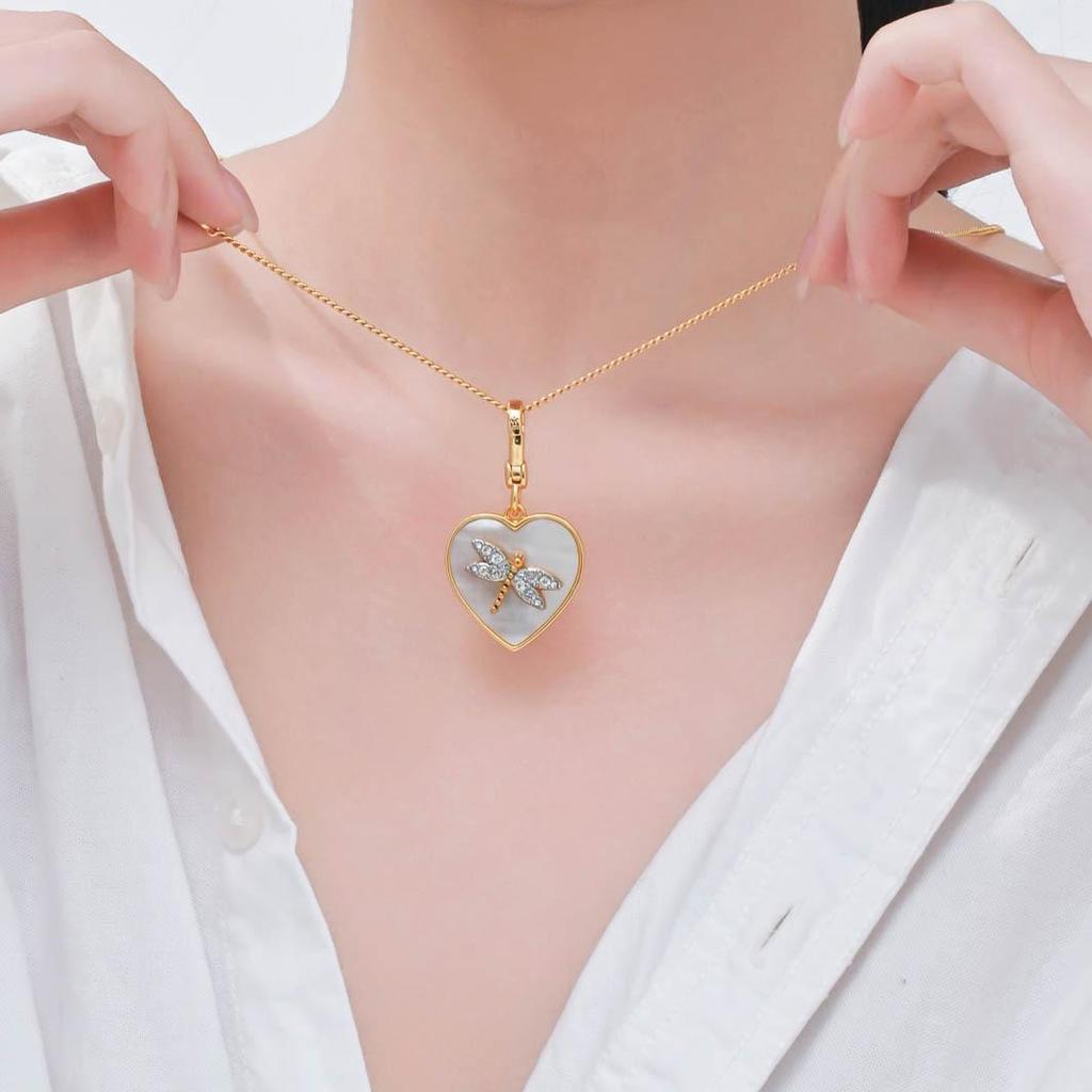 White Heart & Rhinestone Dragonfly Pendant Necklace for Women
