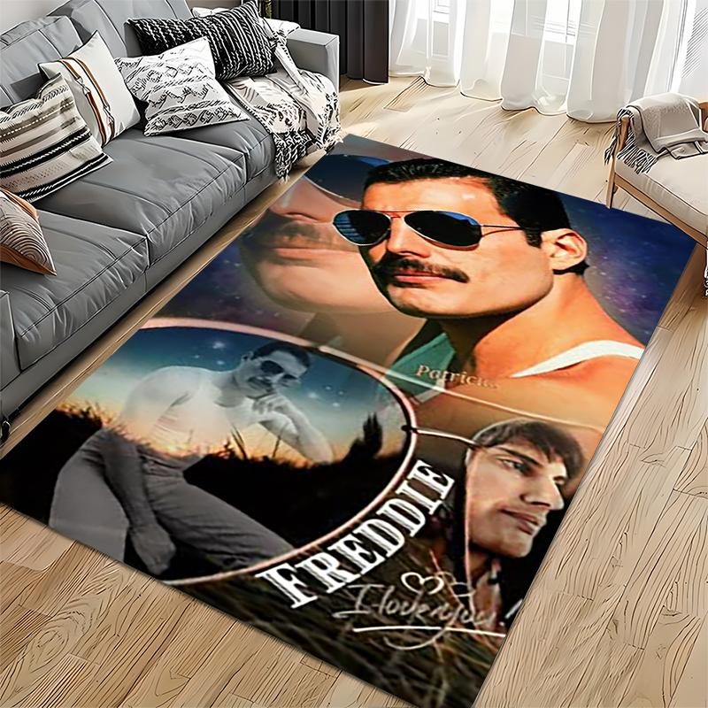 Pop Culture Area Rug, Freddie Mercury Sunglasses Collage Vintage Poster, Man Cave Decor, Non-Slip Mat