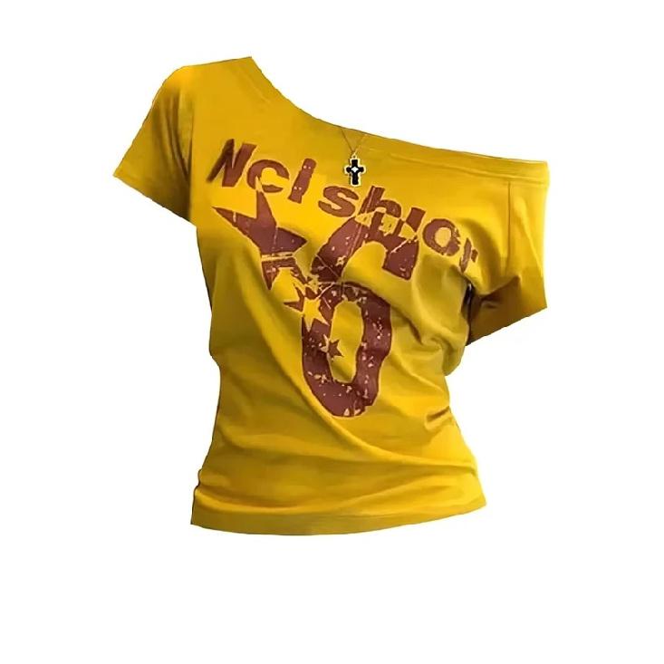 Y2k Sport Summer Off shoulder Top Women Sexy Vintage 2000s Short sleeve T shirt Lady Body Basic Crop Top Female Casual