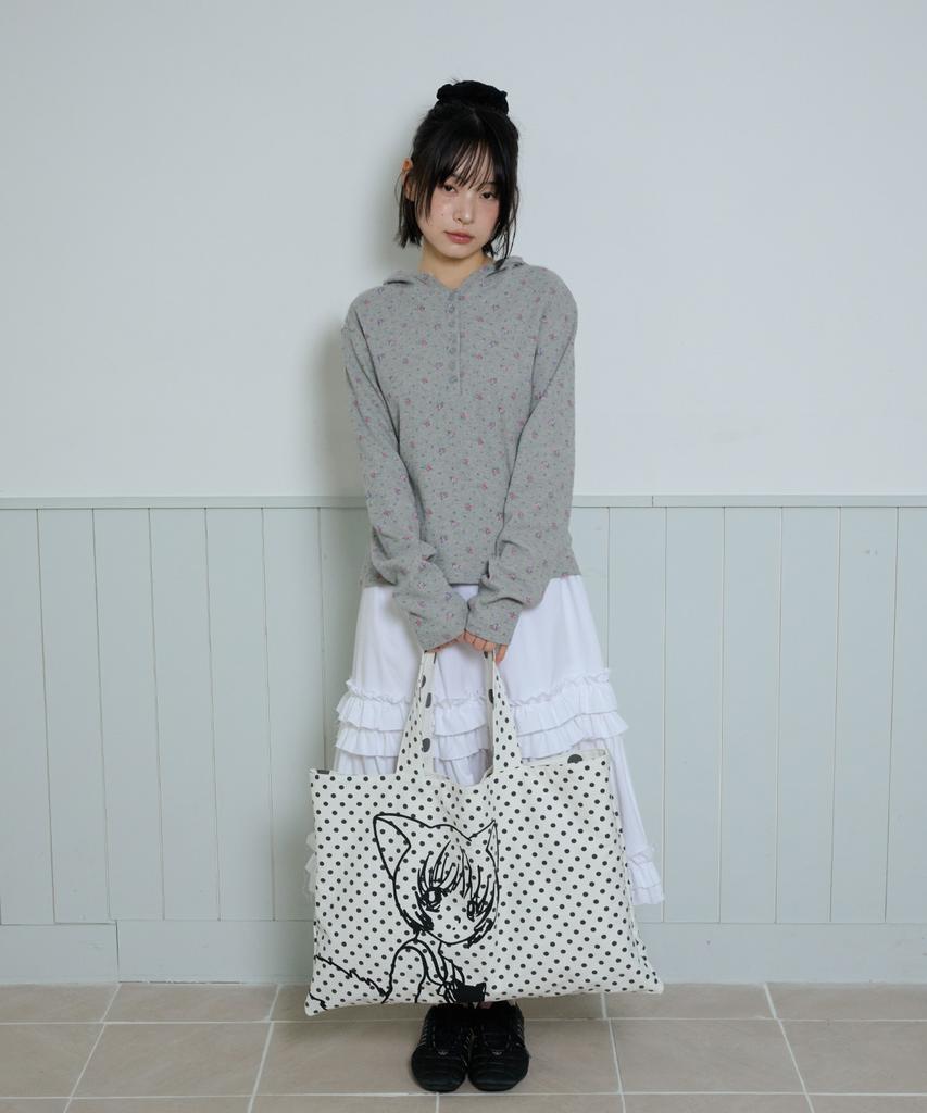 Flower Waffle Button Hoodie - Gray