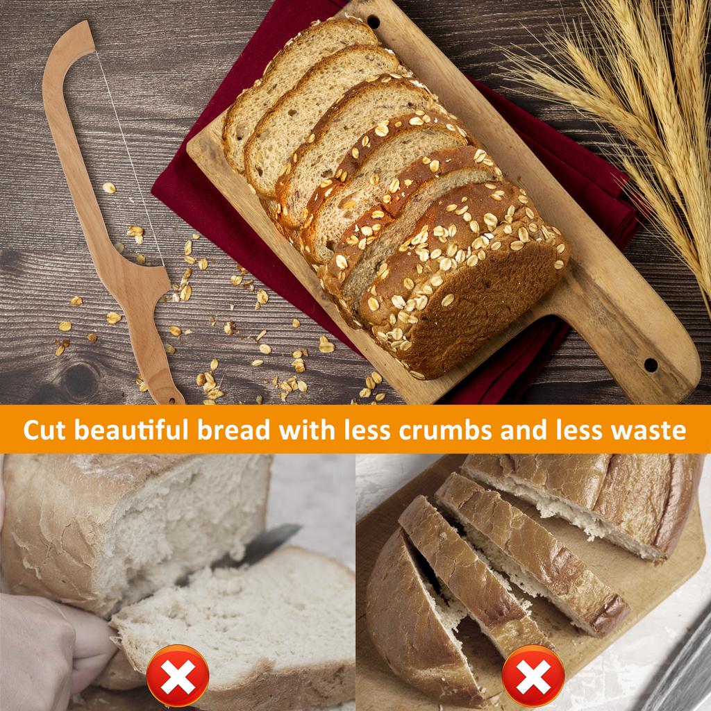Bread Bow Knife Wood Handle with 2 Extra Stainless Steel Serrated Blades Multipurpose Bread Saw Slicer Home Bakery Baking Tools