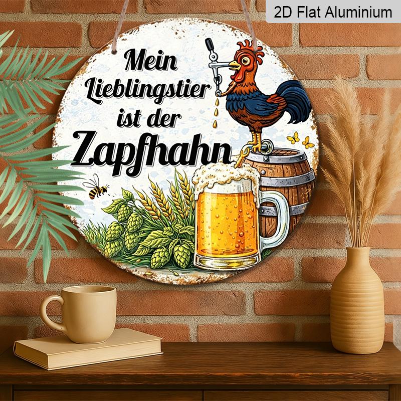 Płaski 2D, 1 szt. Okrągły Aluminiowy Niemiecki Znak "Moim ulubionym zwierzęciem jest kran", Zabawny Kogut i Kran Piwny Metalowa Sztuka Ścienna, Vintage Rustykalny Wystrój Baru