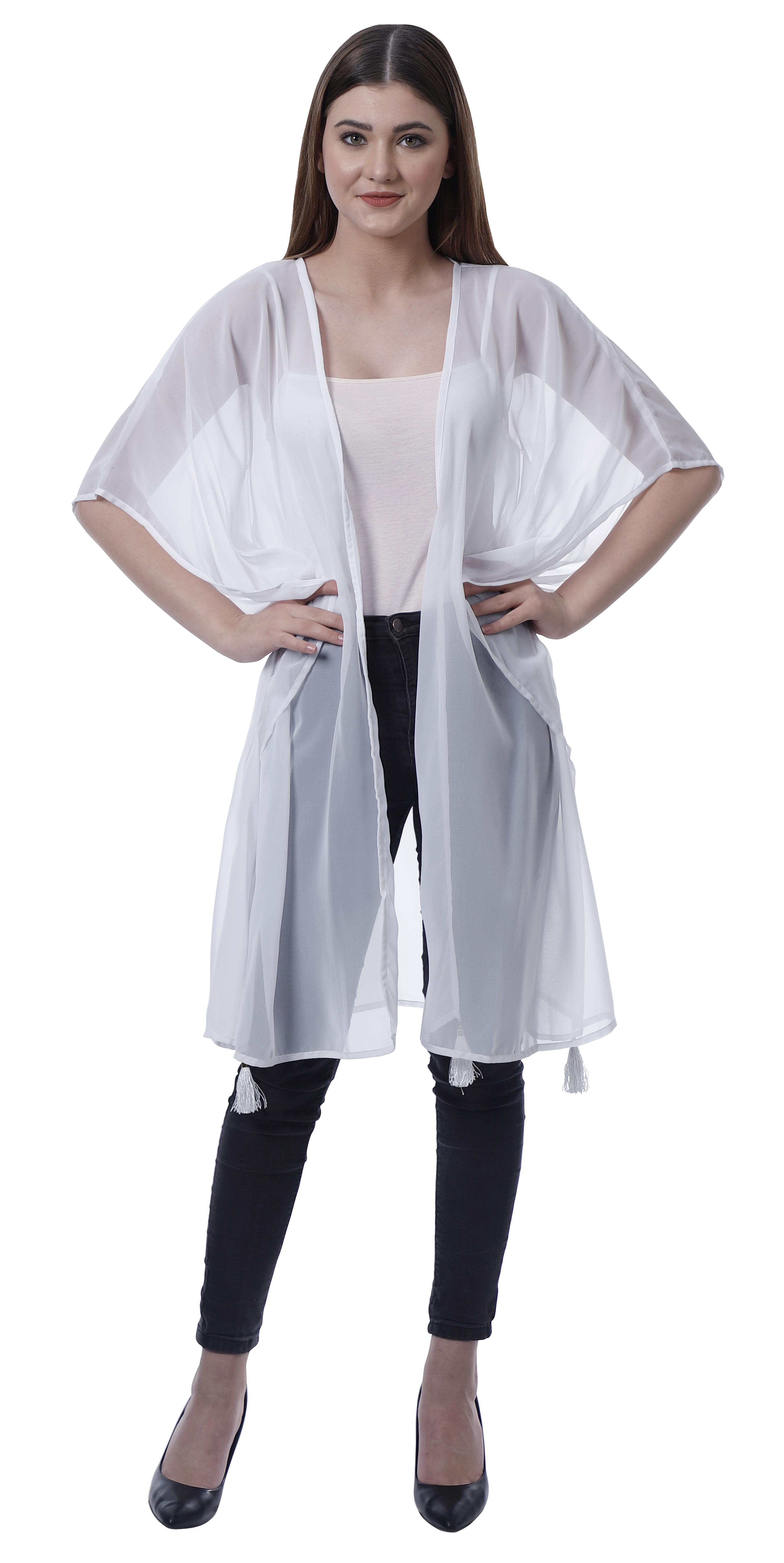 

Moomaya Womens Georgette Shrug Open Front Long Sheer Coverup w Tassels XS білий
