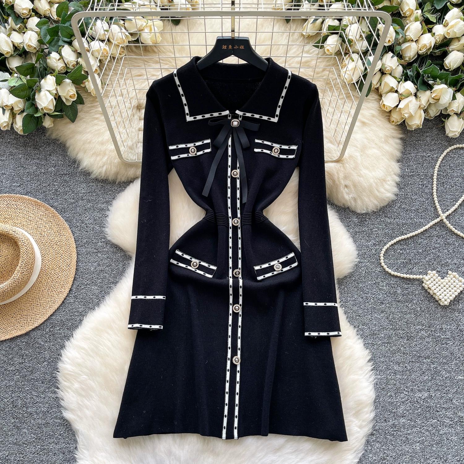 

Осень Зима Женский Сладкий Трикотажный Свитер Мини Платья-Пуловеры с Воротником Поло и Бантом One Size чёрный